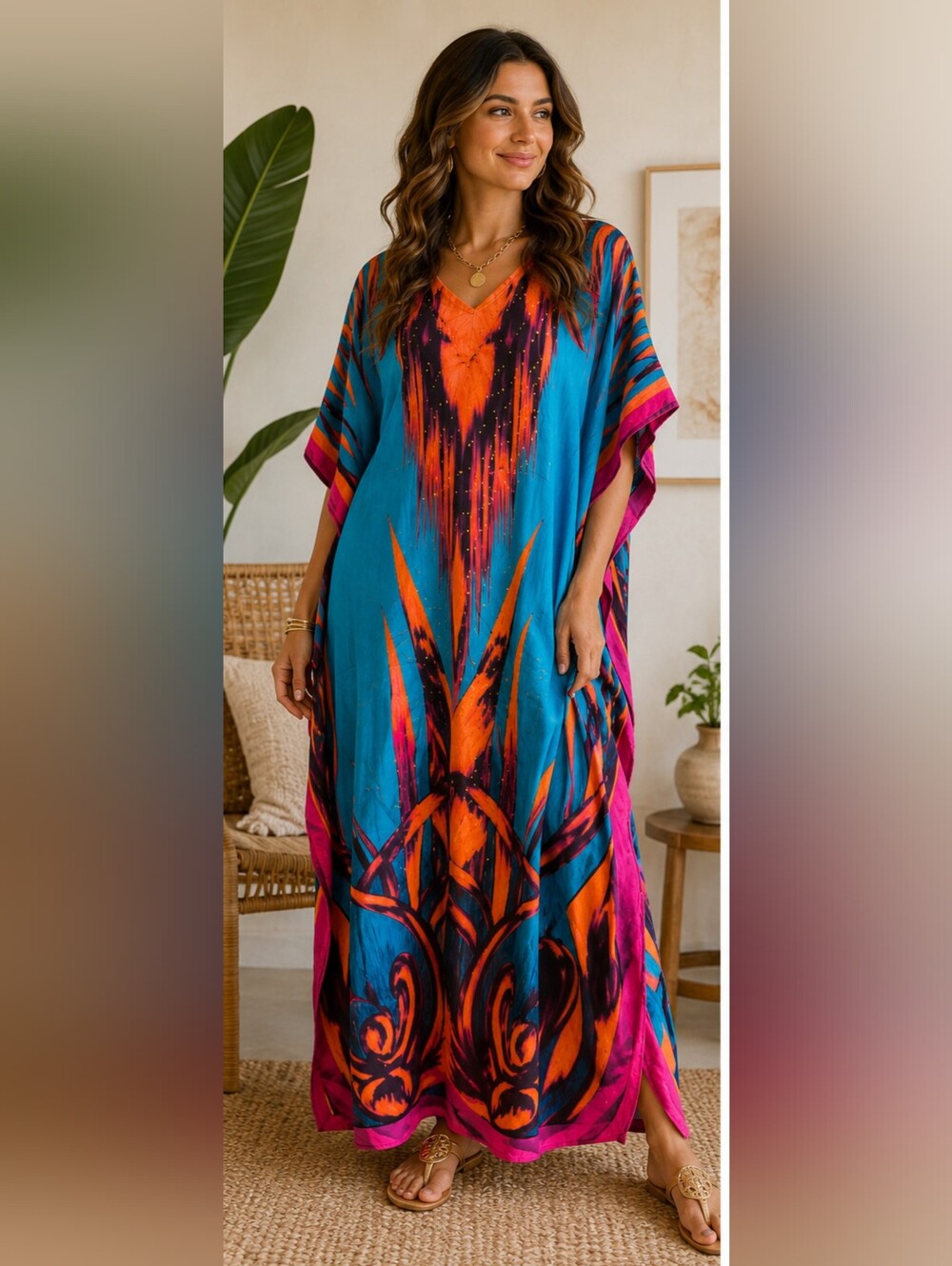 Lapogee Neon Tropical Caftan Kaftan Dress One Size Resort Beach Cover Up
